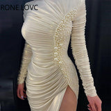 Women Elegant Folds Long Shirring Sleeves Beaded High Silt Midi Sexy Formal Party White