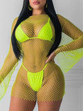 black fishnet rhinestone mini summer dress women Glitter bodycon club party dress see through bikini cover up beach