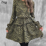Women's Zebra Stripes Print Long Sleeve Dresses for Autumn O-neck Lace up High Waist Women's Dress A-line Mini