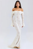 Lace Long Sleeve Off-shoulder Dress- Outfit