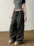 Zingj Multi-Pocket Washed Loose Cargo Pants Men And Women Popular Street Do Old Drawstring With Wide Leg