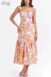 Summer Blue Midi Floral Print Holiday Dress Elegant Spaghetti Strap Full Skirt Go Out Party Dresses Women Dress