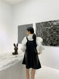 PU Faux Leather Tank Dress Women Sleeveless A Line Korean Fashion Black Kawaii Cute Mini Babydoll Dress