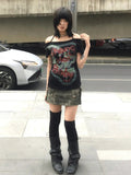 Halter Letter Print Tops Women Sexy Off Shoulder Tshirts Harajuku Bottoming Casual Tee Y2k Aesthetic Grunge