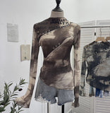 Pure Want To Play The Bottom Of The Long-Sleeved T-Shirt Design Hollow Print Irregular Mesh Yarn Personality Hottie Top