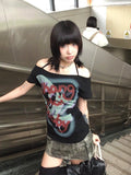 Halter Letter Print Tops Women Sexy Off Shoulder Tshirts Harajuku Bottoming Casual Tee Y2k Aesthetic Grunge