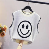 smiley jacquard round neck sleeveless knitted vest loose sweater Korean pullover blouse women casual