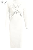 Turtleneck Pleated Hollow Out Bodycon Dress Elegant Long Sleeve Cross Knot Knitted Midi Dress Party Club Evening
