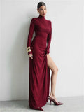 Turtleneck Long Sleeve Draped Slit Maxi Dress- Outfit