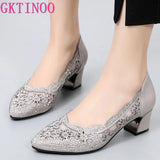 2021 Summer Fashion Hollow Out Genuine Leather Pumps Women Shoes Med Heels Square Heel Mesh Ladies Office Shoes