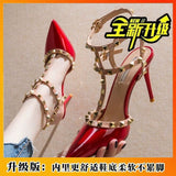 Fine Heel Shoes 2025 New Three-Ring Rivet Shallow Single Shoe Buckle Wearing Anti-Slip Work