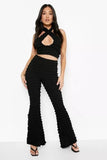 Popcorn Cloth Two Piece Set Women Sexy Cross Halter Backless Vest Crop Top Slim High Waist Flare Pants Fashion