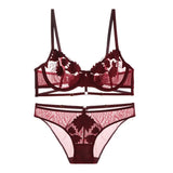 Sexy Floral Embroidery Lingerie Push Up Brassiere Lace Hollow Out Underwear Set Sexy Ultra-thin Cup For Women