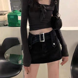 Vintage Women Korean Button Belted Short Denim Mini Skirts Aesthetic Fairy Grunge High Waiste Jeans A-line Skirt Alt