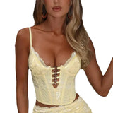 Lace Fish Bone Corset Sexy Hollow Splicing Metal Ring Short Top Lady
