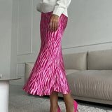 Pink Printed Satin Midi Straight Skirt- Outfit
