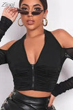 2023 Sexy V-neck Mesh T-shirt Tops Cropped Summer Women See Through Off Shoulder Long Sleeve Club Party Tee