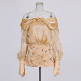 Temperament Famous Wind One-Word Shoulder Dress 2025 New Nail Drill Bow Collage Design Bubble Sleeve Skirt