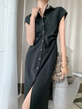 New Women Single Breasted Short Sleeve Office Lady Elegant Vestidos Femme Clothes Midi Slim Solid Shirt