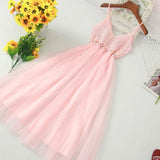 V Neck Spaghetti Strap Long Tulle Dress Women High Waist Knitting Hollow Out Slim Dress Female Sweet Fairy