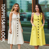 Summer 97%Cotton Camisole Dress Beach Midi Dresses with Pockets Front Button Sundress Stretch