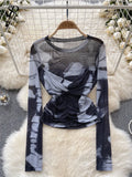 Europe Long sleeved Mesh Sheer T-shirt Fashion Skinny Temperament Office Lady Blouse O Neck Pleated Tie Dye Print