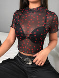Mesh Heart Turtleneck T Shirts Tops Women Transparent 2023 See Through White Black Elastic Skinny Crop Tops Stretchy