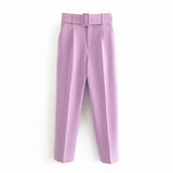 Solid Women Suit Pants Office Lady Empire Waist Belt Trousers Elagant Sashes Casual Chic