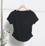 Recommended For The Summer V-Neck Front Shoulder Short-Sleeved T-Shirt For Girls Slimming Hottie Drawstring Irregular Top