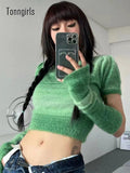 Grunge Aesthetic T Shirt Women Knitted Crop Tops With Cuff Y2k Tie Dye Tee Shirt Femme Korean Fashion Tshirts