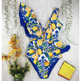 New Print Swimwear Deep V-neck Ruffle Swimsuit Push Up One Piece Swimsuit Beach Wear Backless