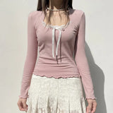 Zingj Girl Wind Lace Stitching Bow Long Sleeve T Shirt Square Collar Pit Strip Slim Solid Color Bottom