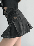 Buckle Belt Pleated Denim Mini Skirt- Outfit