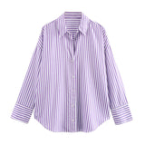 2025 New Women's Long Sleeve Lapel Loose Striped Silk Shirt