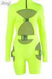 Women Bodycon Buckle Cut Out Biker Rompers Sexy Long Sleeves Hollow Out Clubwear Bodysuit One Piece Short Jumpsuit