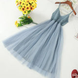 V Neck Spaghetti Strap Long Tulle Dress Women High Waist Knitting Hollow Out Slim Dress Female Sweet Fairy