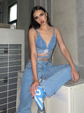 Fashion Womne's Denim Bandage V-neck backless Tops And High Waist Loose Straight Sashes Jeans Female Summer 2023