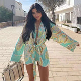 Floral Paisley Printed Women Long Wrap Blouse With Bowknot High Waist New Spring Summer Kimono Beach Holiday Chic