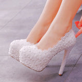 Lace Heels Wedding Shoes Lace Pearl Shoes Size Fine Heel Waterproof Shoes