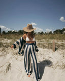 Hollow Stripe Shirts 2 Piece Sets Sexy V Neck Half Sleeves Wide Leg Pants Suits 2024 Summer Ladies Beach Vacation