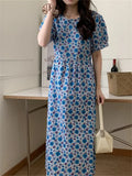 Kitty Summer Gentle Florals Retro Long Dress Slim Women 2022 New Casual Puff Sleeve Sweet Lady Printed Holiday Chic