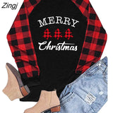 Christmas Tree Print Women T Shirt Contrast Buffalo Black and White Stitching Plaid Long Sleeves Tee Shirt