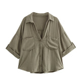 Spring And Summer New Women's Fashion Casual Collar Striped Wide-Sleeved