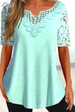Lace Short Sleeve Blouse Women Elegant V Neck Sweet Tops Mujer Ladies Casual Slim Shirt Simple Hollow Stitching