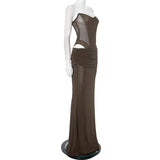 Brown Mesh Corset Bodysuit And Maxi Skirt Set-Outfit