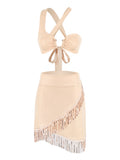 Sexy Tassel Women Two Piece Halter Sequined Skirt Lace Bra Tassel Mini Skirt Suit Beach Vacation Casual