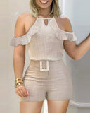 Two Pieces Suit Summer Holiday Halter Neck Ruffles Trim Cold Shoulder Top & Shorts Set Overalls Casual Outfits With
