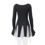 Black Long Sleeve White Frill Patchwork Bow Mini Dress-Outfit