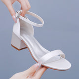Cm Square Heel Sandals Shallow Mouth With Buckle Sandals Ivory White Silk Satin Cloth Bride White Sandals