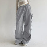Zingj Spice Girl Asymmetrical Multi-Pocket Pleated Straight Leg Pants Women's Low Waist Draw Rope Loose Overalls Casual